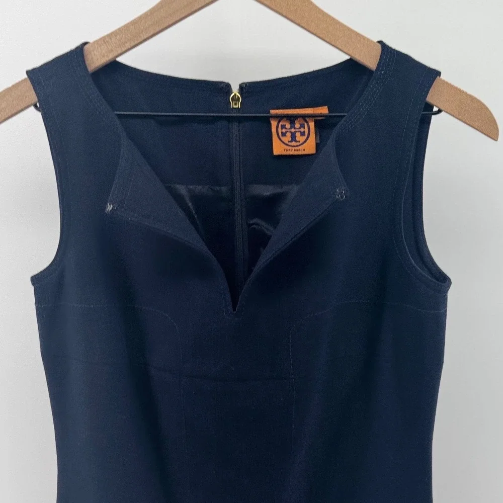 Tory Burch Ola Shift Dress Womens 2 Navy Blue Wool Blend Keyhole Career Workwear